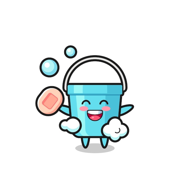 Plastic bucket character is bathing while holding soap , cute style design for t shirt, sticker, logo element