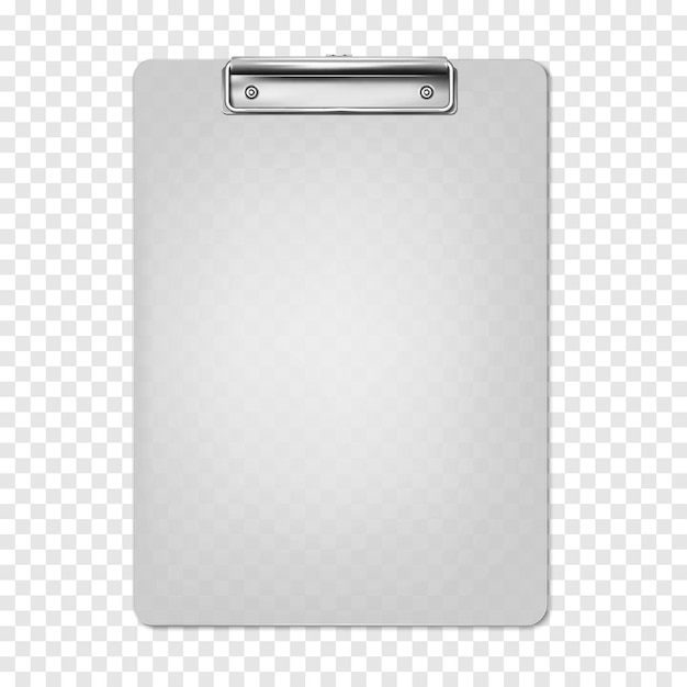 Plastic clipboard on transparent background vector mockup Writing board with metal clip mockup