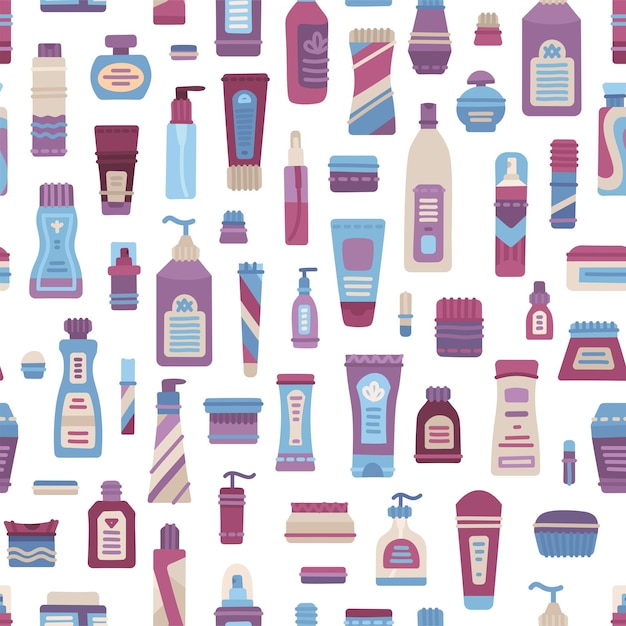 Plastic cosmetics bottles dispenser and tube seamless pattern