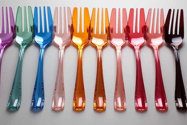 Plastic forks Multicolored Isolated Disposable Forks On White Rainbow colors red orange yellow