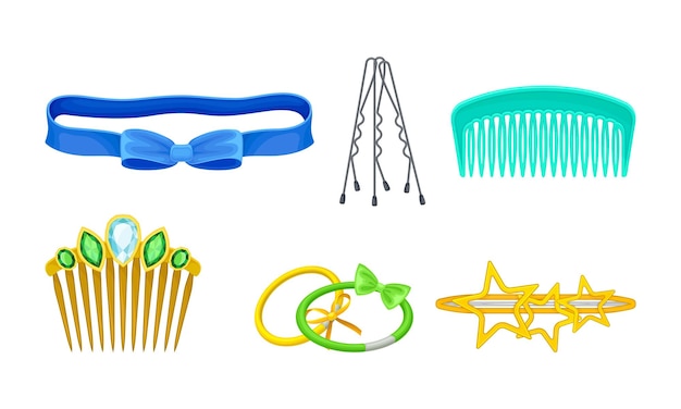 Plastic Hair Accessories with Comb and Hair Clips Vector Set