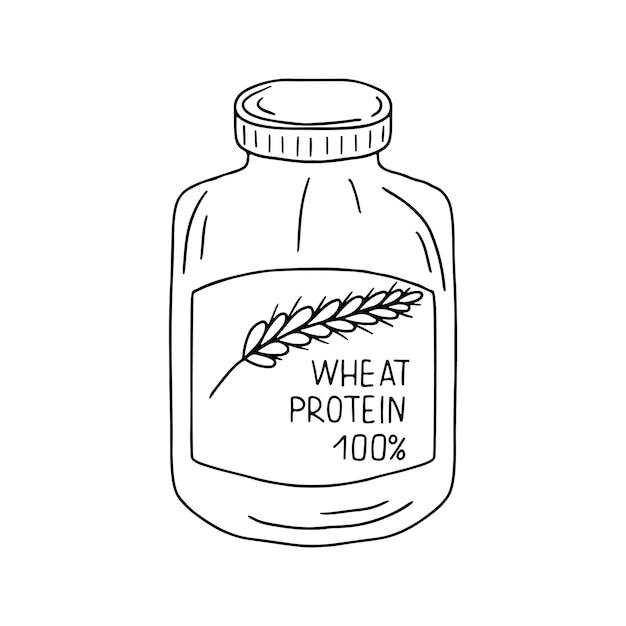 Plastic jar with wheat protein powder in hand drawn doodle style Healthy nutrition for sportsmen