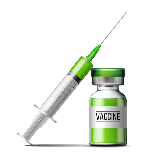 Plastic medical syringe with needle, drop and vial serum against Covid-19. Injection, vaccine and disposable syringe. Sterile vial. Glass medical ampoule vial for injection. Concept of vaccination.