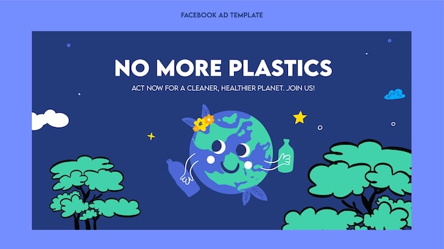 Plastic pollution awareness facebook ad template flat illustration