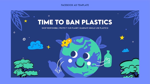 Plastic pollution awareness facebook ad template flat illustration