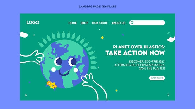 Plastic pollution awareness landing page template flat illustration