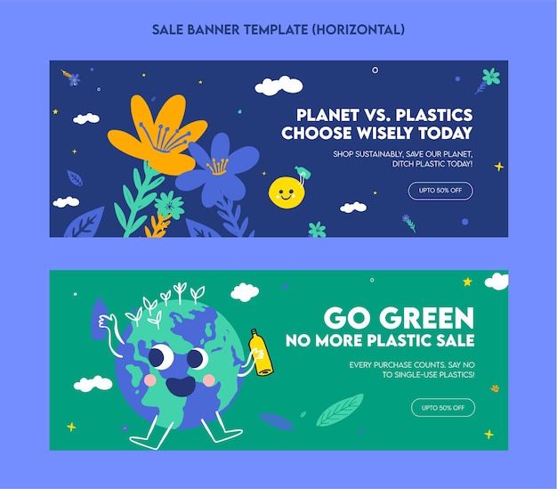 Vector plastic pollution awareness sale banner template flat illustration