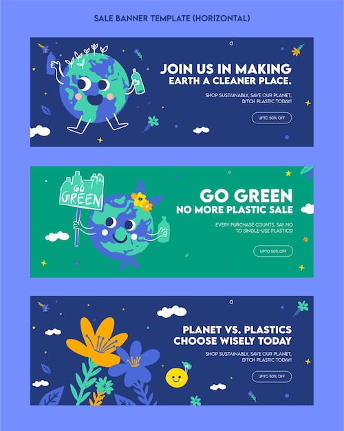 Vector plastic pollution awareness sale banner template flat illustration