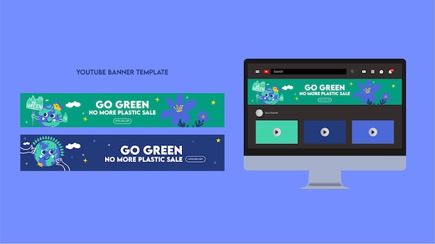 Plastic pollution awareness youtube banner template flat illustration