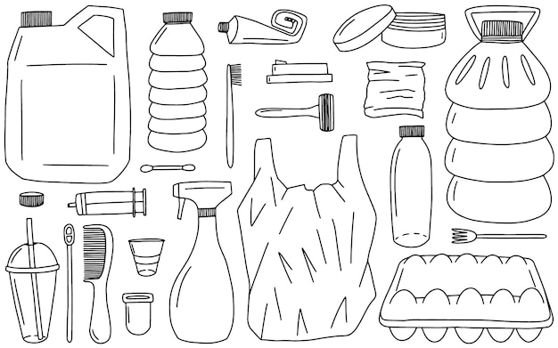 Plastic pollution elements vector doodle set Plastic waste hand drawn set