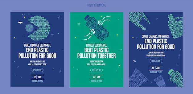 Vector plastic pollution save our planet flat illustration of recycling plastic invitation card template