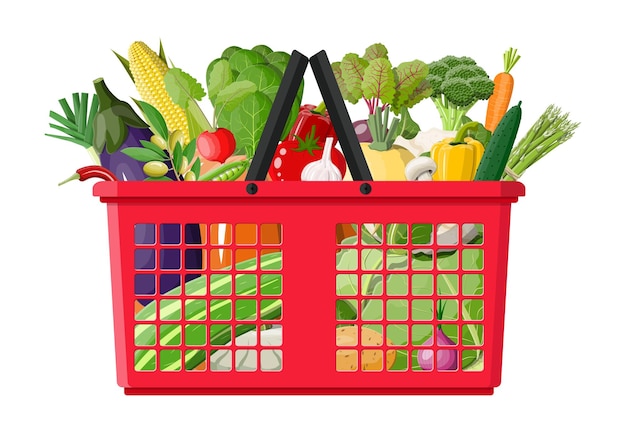 Plastic shopping basket full of vegetables.