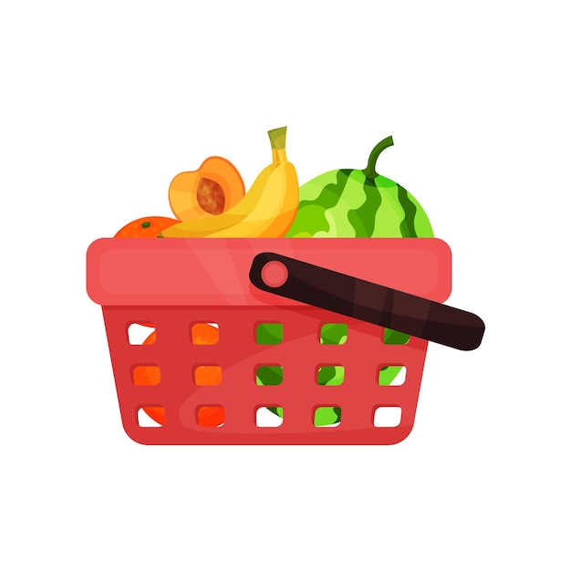 Plastic shopping basket with sweet fruits Fresh oranges bananas watermelon and half of apricot Flat vector icon