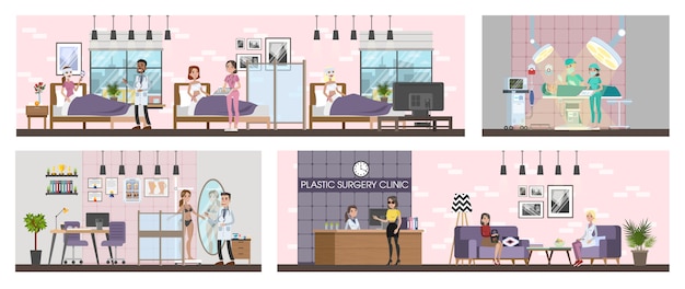 Plastic surgery clinic interior with surgery, rooms and reception.