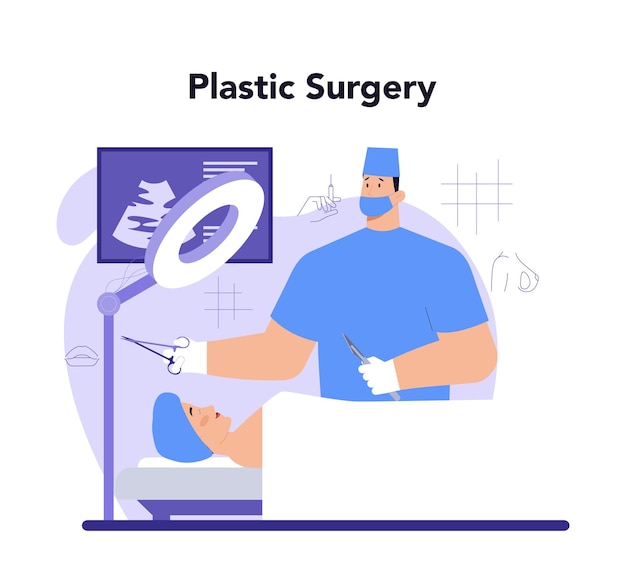 Plastic surgery concept. Idea of modern aesthetic medicine. Liposuction and lifting beauty procedure. Mentoplasty and hair transplantation. Vector illustration in cartoon style