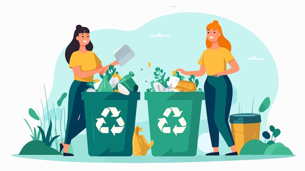 Plastic Trash Recycling Two Women Sorting Waste Near Yellow Trash Bins