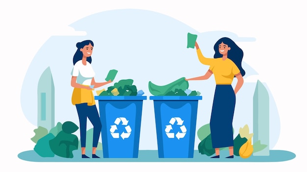 Vector plastic trash recycling two women sorting waste near yellow trash bins