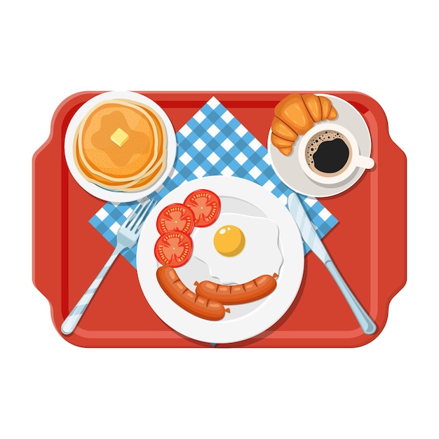 Plastic tray. Breakfast concept. Appetizing delicious breakfast of coffee, fried egg with sausage, croissant and pancakes . 