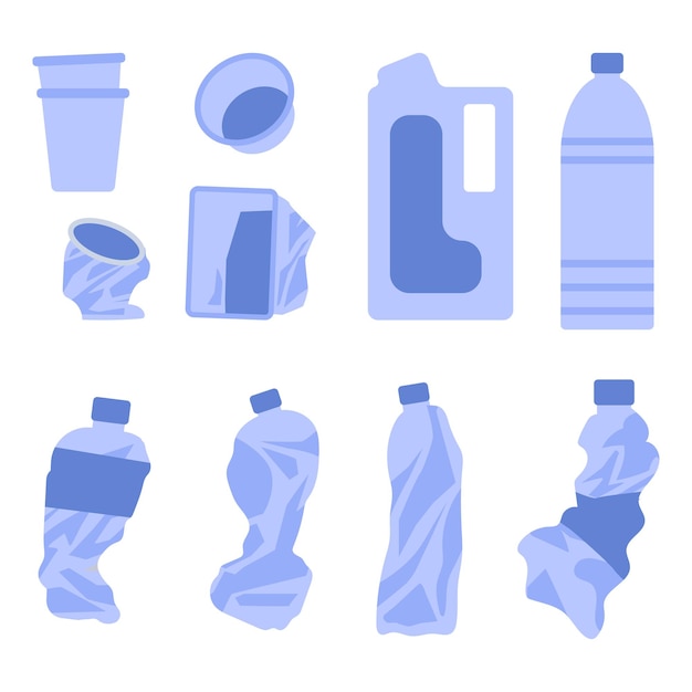 Plastic waste set. Bottles and cups isolated on white background. Vector illustration in flat style.