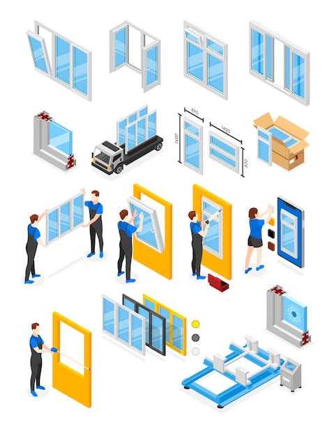 Plastic windows isometric icons set with workers making reparing and installation works isolated vector illustration