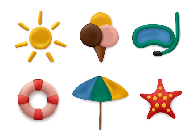 Plasticine modeling summer objects Clay artwork sea or marine sun objects fishes palm tree kids sculpt education decent vector realistic collection