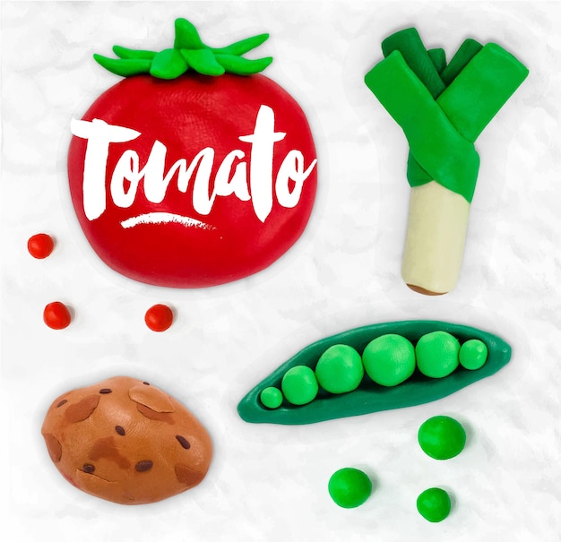 Plasticine modeling vegetables tomato peas leek potato cobbled together