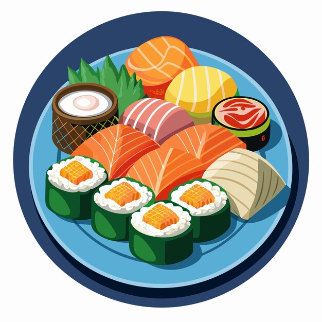 Vector plate of assorted sushi and sashimi with soy sauce