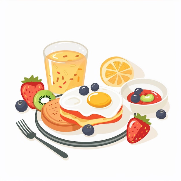 a plate of breakfast food with fruit and a glass of orange juice