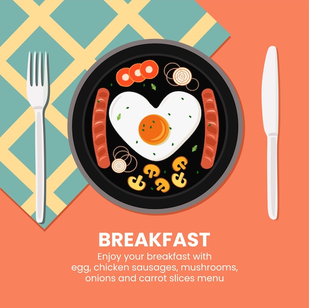 Plate breakfast menu with egg, chicken sausages, onions, mushrooms, and carrot slices