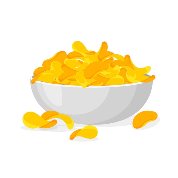 Plate of chips in trendy cartoon style. Pile of crisps in a bowl isolated on white background.