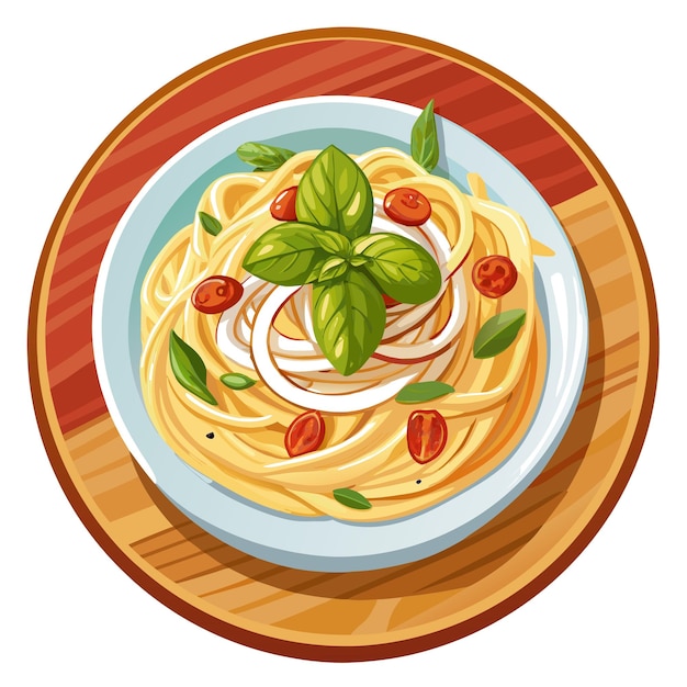 A Plate of Creamy Spaghetti With Bacon and Basil on a Wooden Table