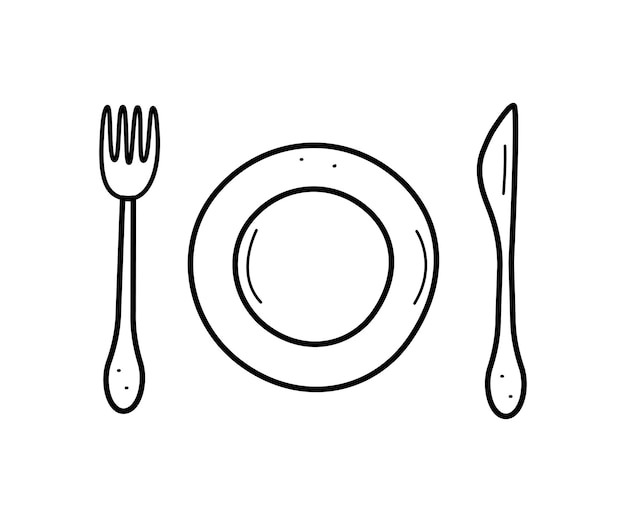 Plate and cutlery doodle icon Vector illustration Table set fork knife