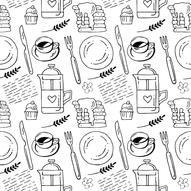 Plate and cutlery fork and knife, A stack of pancakes, Cup of coffee seamless pattern