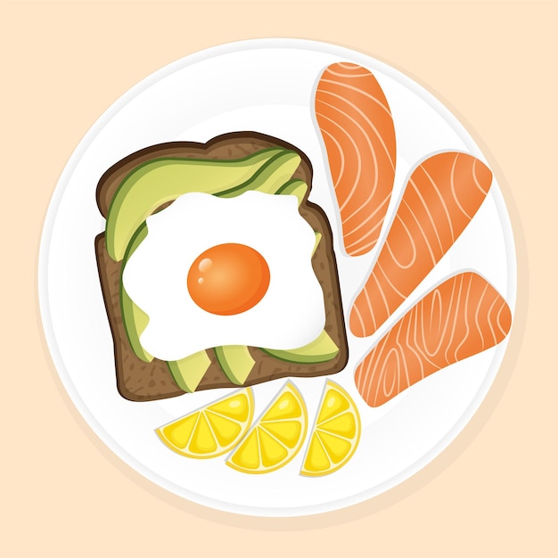 Plate of delicious fresh healthy breakfast with salmon, slices and toast with avocado and egg. Vector illustration of a healthy breakfast for poster, advertisement, web. Healthy lifestyle