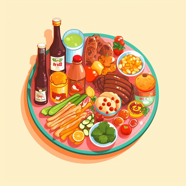 Vector a plate of food that has a bottle of beer on it