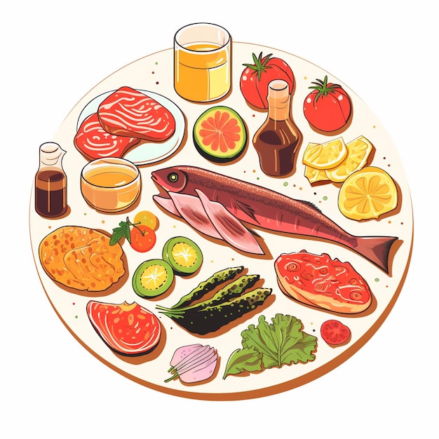 Vector a plate of food with a picture of fish and vegetables on it