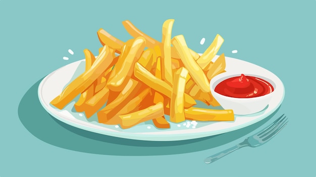 a plate of french fries and a red ketchup on a blue background