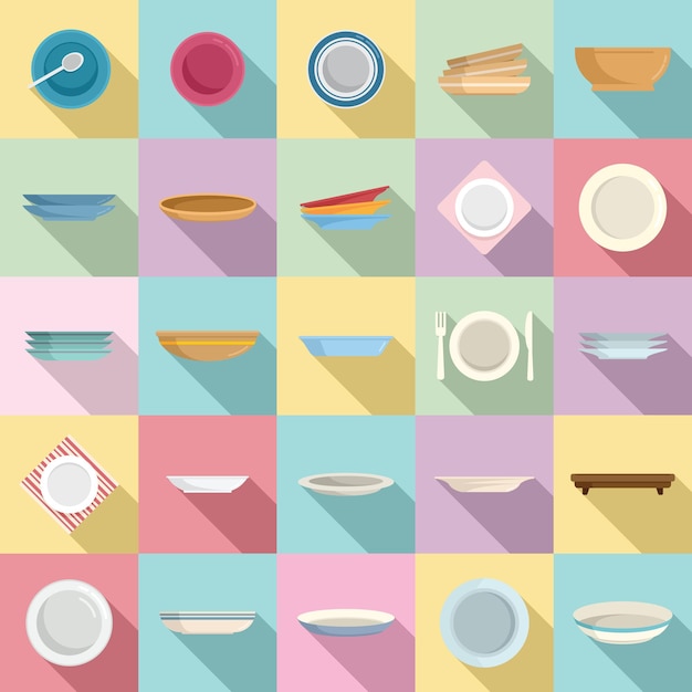 Plate icons set flat vector. Food cutlery