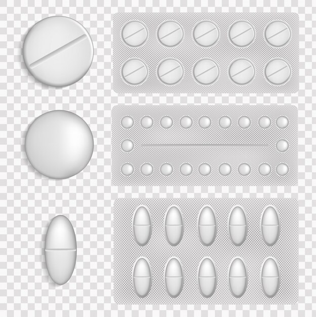 Vector plate of pills. medical tablets of various forms. medical drug tablet for illness and pain treatment. medical and healthcare concept. top view