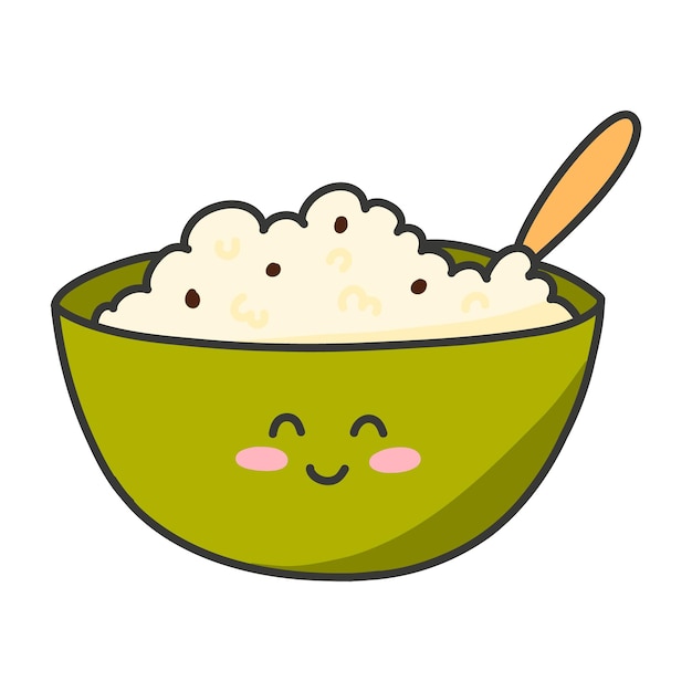 A plate of porridge in kawaii style Vector illustration Breakfast in cartoon style Muesli character with a smile