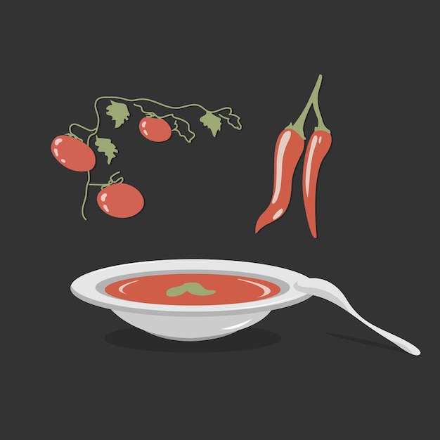 Plate of soup puree with fresh vegetables ingredient.  Vector illustration.