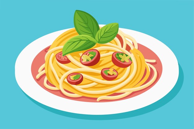 Vector a plate of spaghetti with a green leaf on top of it