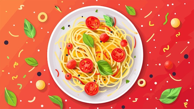 Vector a plate of spaghetti with tomatoes and basil on it