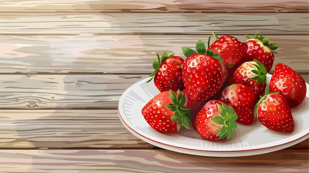 a plate of strawberries with a wooden background with a picture of a strawberry on it