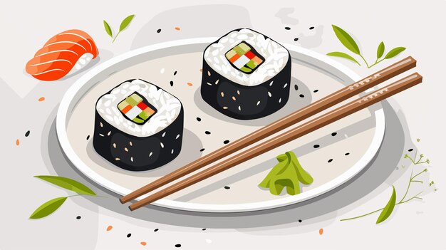 Vector a plate of sushi with a leaf on the top