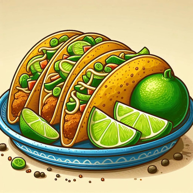 Vector a plate of tacos with a variety of ingredients including limes