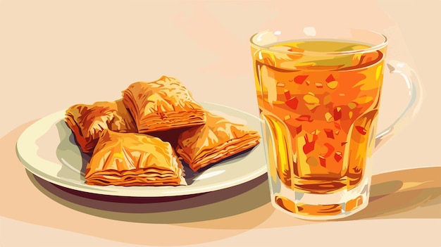 Vector plate of tasty baklava and glass of turkish tea