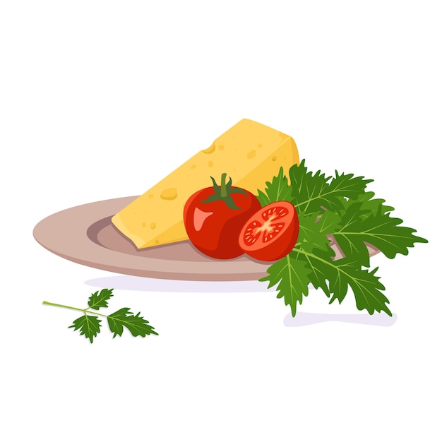 A plate with cheese, tomatoes and herbs. Healthy organic food.  flat illustration