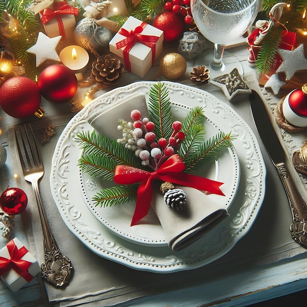 a plate with a christmas decoration on it sits on a table