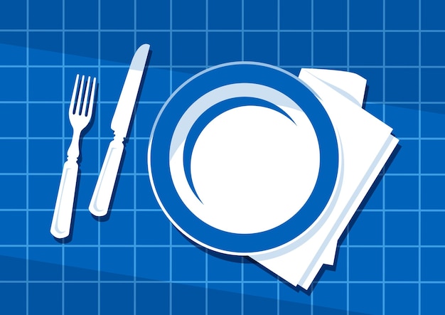 Plate with cutlery and long shadows. Vector illustration